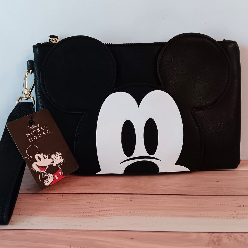 NWT💥BIOWORLD DISNEY MICKEY MOUSE Black Faux Leather Wristlet Clutch Bag